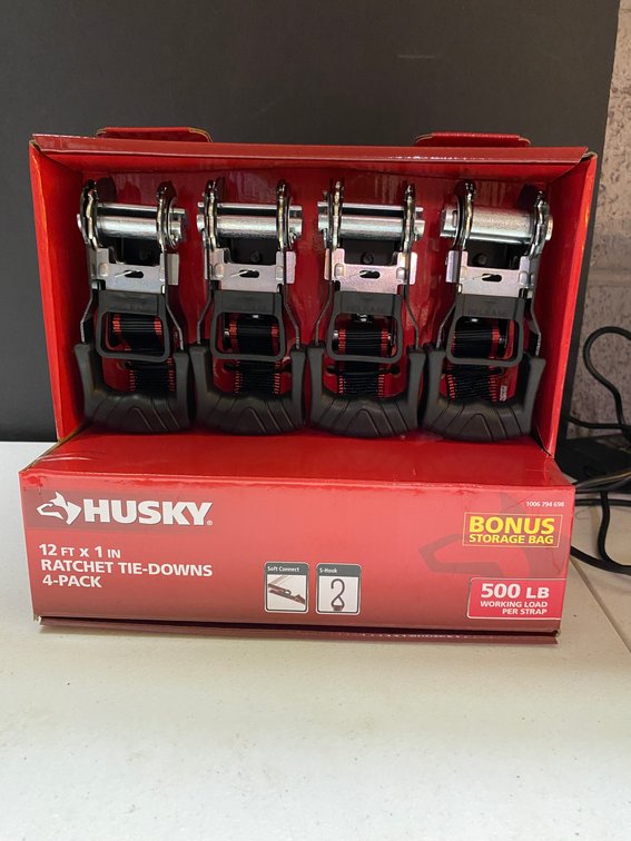 New 4pk Husky 12'x1" Ratchet Tie Downs