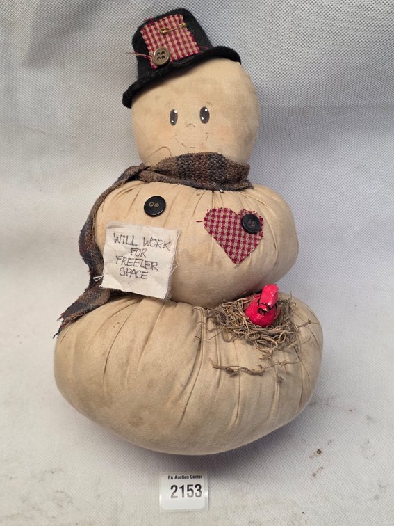 Primitive Fabric Snowman Doll with Top Hat and Scarf