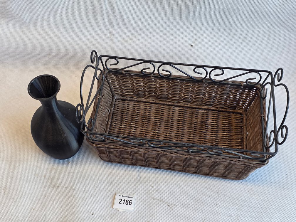 Wrought-Iron Scroll Basket with Wicker Base and Black Vase