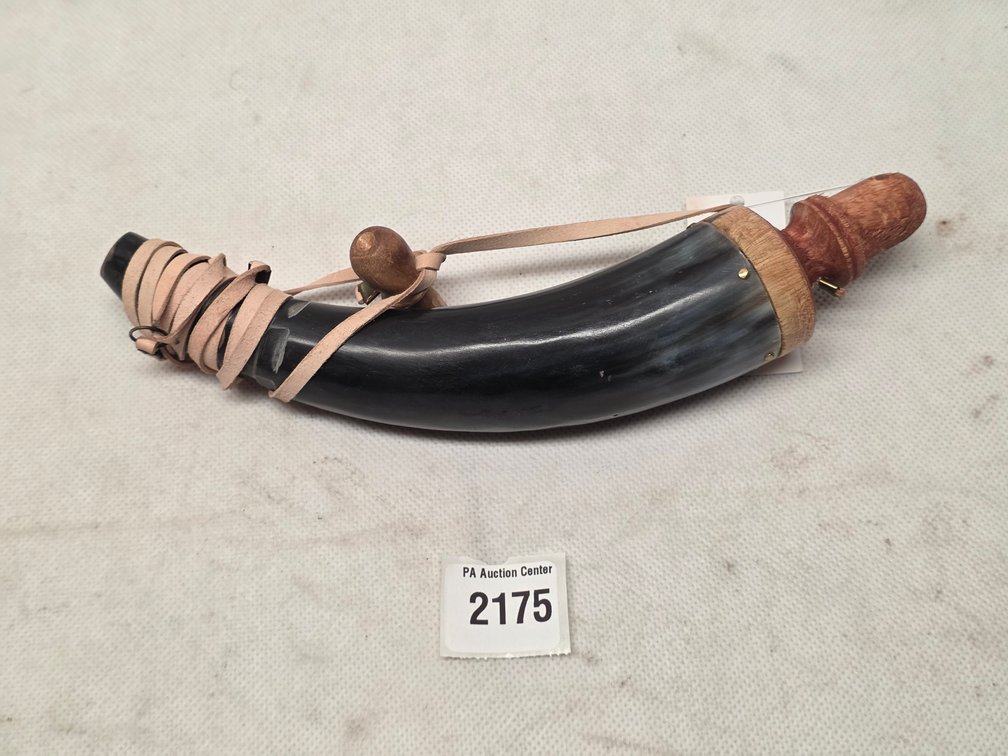 Antique Black Powder Horn with Leather Strap and Wood Stopper