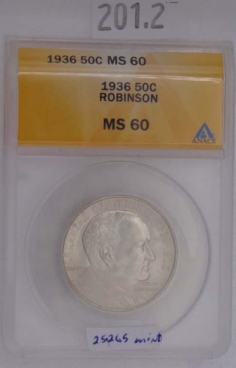 1936 Arkansas Centennial - Robinson Half Dollar ANACS MS60. Mintage of only 25,265.