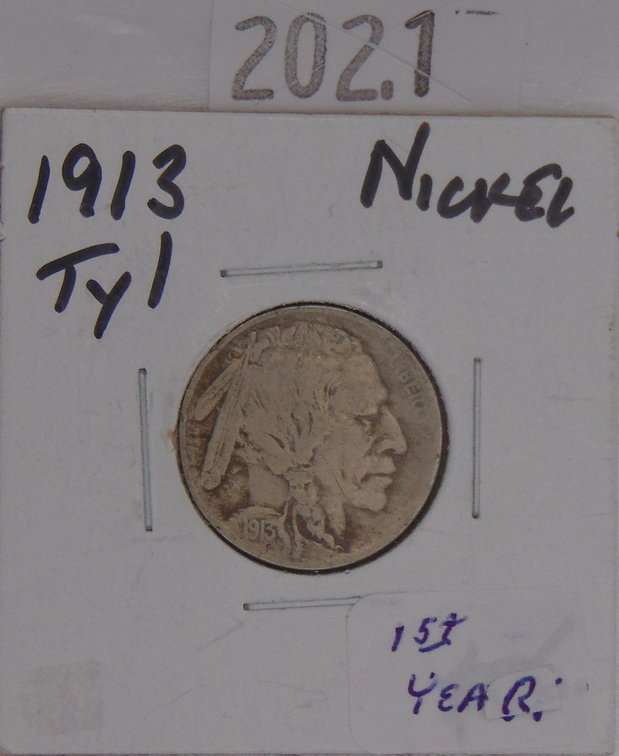 1913 Variety 1 (raised ground) Buffalo Nickel (first year).