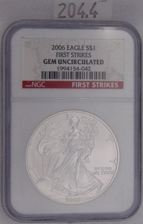 2006 Silver Eagle NGC First Strike Gem Uncirculated. 1 Troy Oz. .999 Silver.