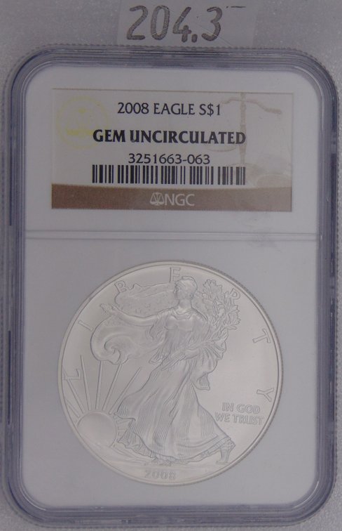 2008 Silver Eagle NGC Gem Uncirculated. 1 Troy Oz. .999 Silver.
