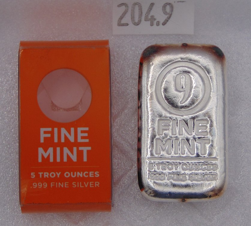 Fine Mint 5 Troy Oz. .999 Fine Silver Bar with original plastic box (toning).