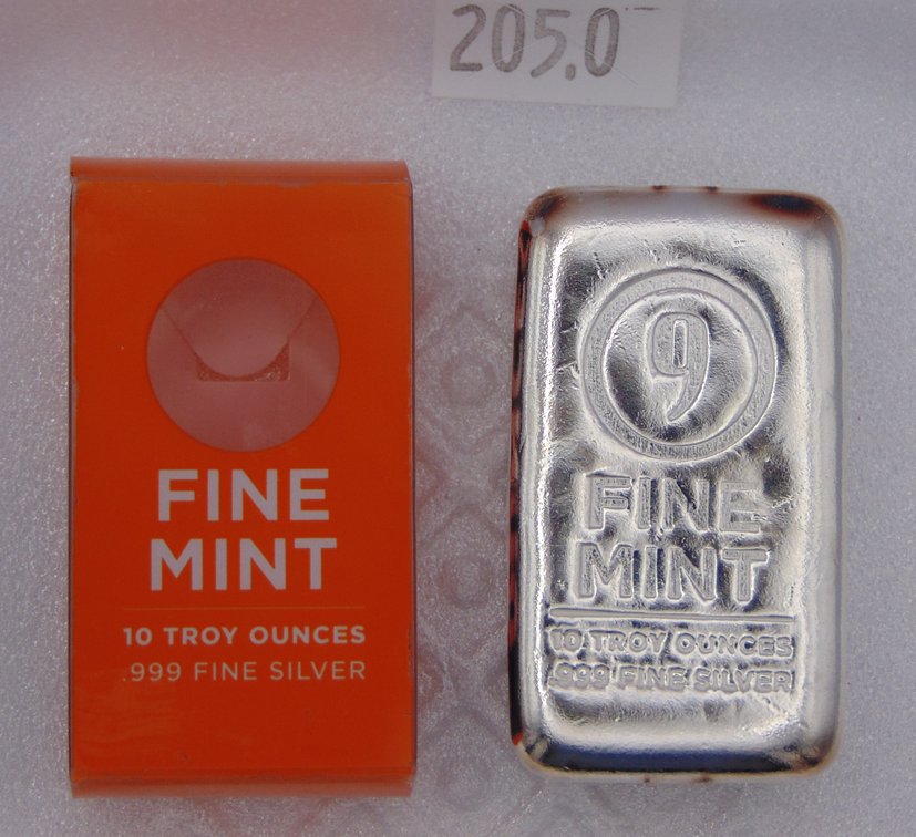Fine Mint 10 Troy Oz. .999 Fine Silver Bar with original plastic box (toning).