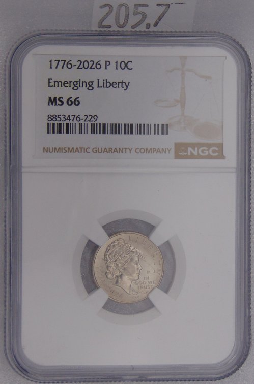 1776-2026 Emerging Liberty Dime NGC MS66. New.