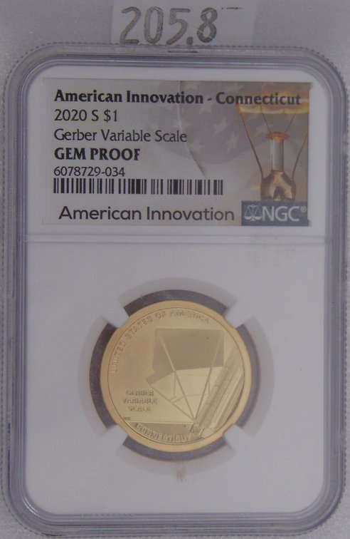 2020-S $1 American Innovation Connecticut NGC Gem Proof. Gerber Variable Scale.