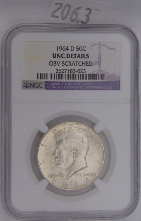 1964-D Kennedy Half Dollar NGC UNC Details OBV Scratched.