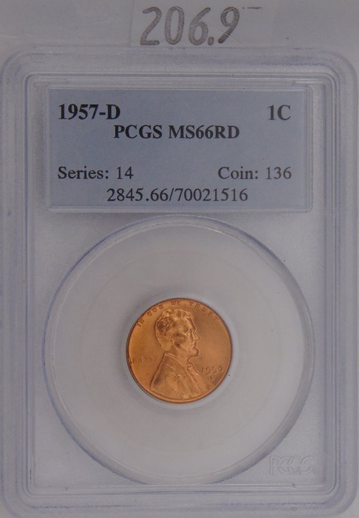 1957-D Lincoln Cent PCGS MS66 RD.