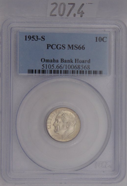 1953-S Roosevelt Dime PCGS MS66 Omaha Bank Hoard.