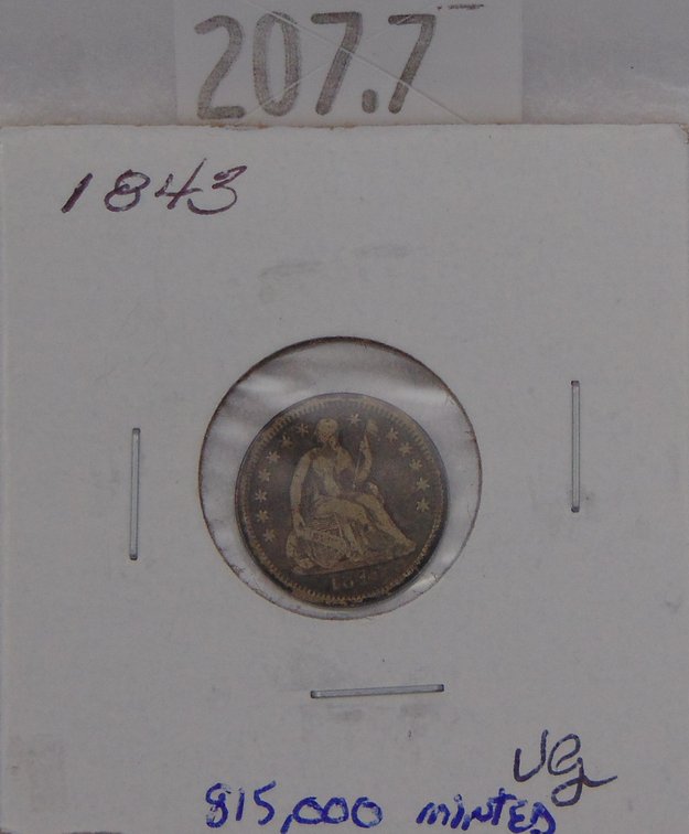 1843 Seated Liberty Half Dime VG. Mintage of 815,000.