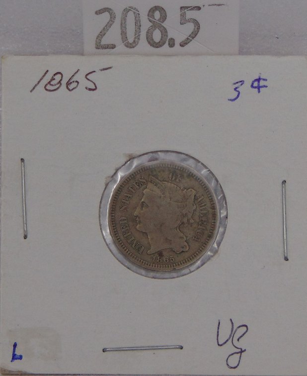 1865 Three-Cent Piece Nickel VG (first year).