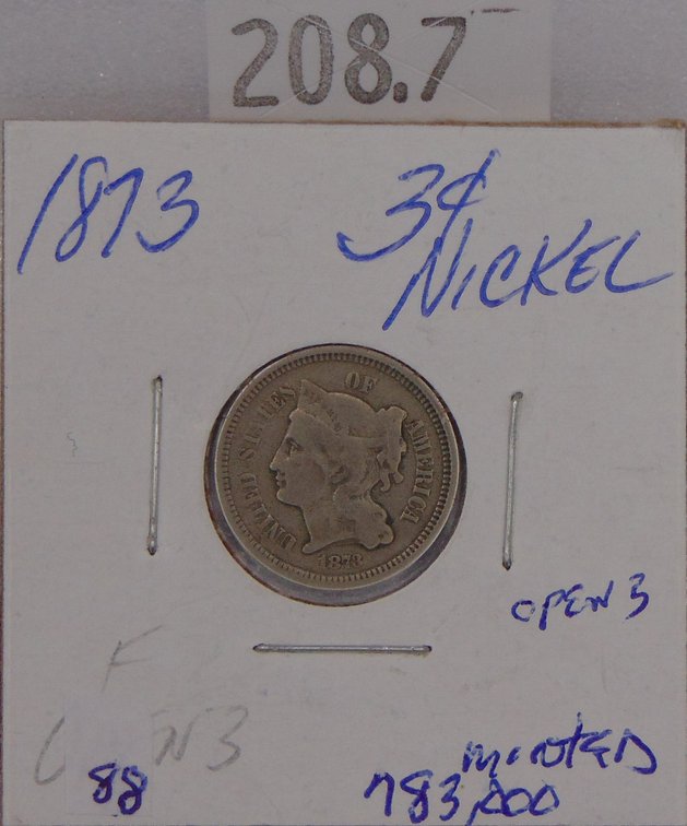 1873 Three-Cent Piece Nickel VG. Mintage of 783,000.
