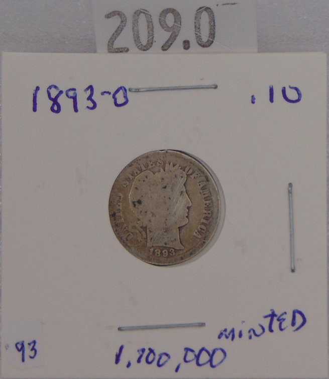 1893-O Barber Dime G. Mintage of 1,760,000.