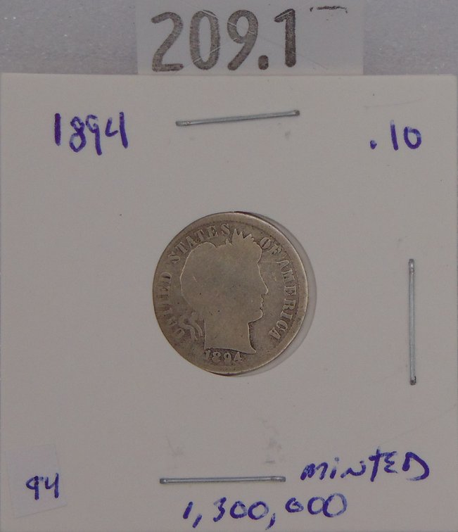 1894 Barber Dime G. Mintage of 1,330,000.