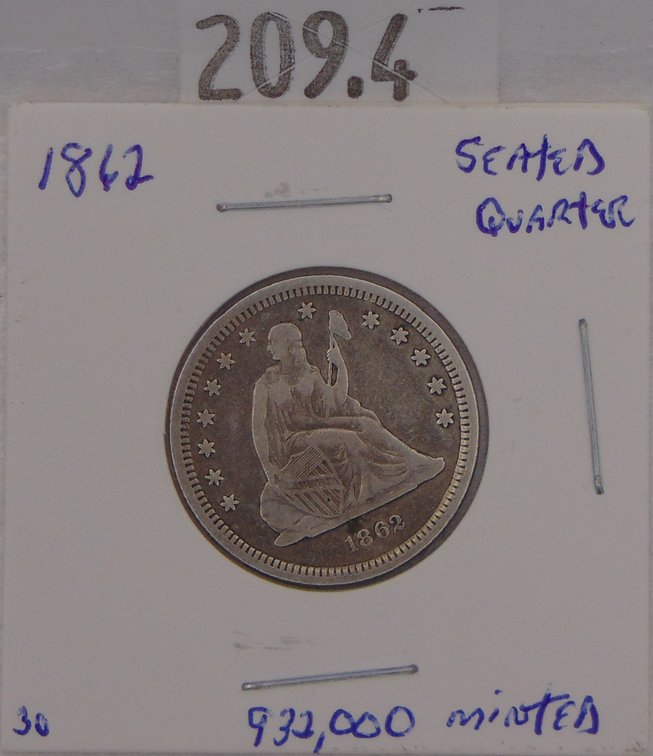 1862 Seated Liberty Quarter VF. Mintage of 932,000.