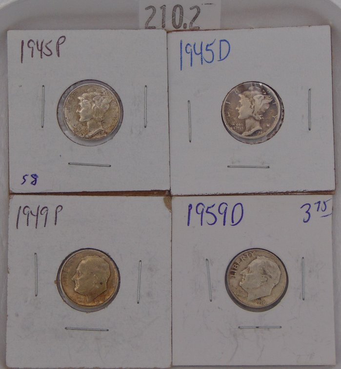 1945, 1945-D Mercury Dimes. 1949, 1959-D Roosevelt Dimes.