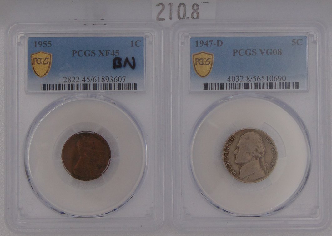 1955 Lincoln Cent PCGS XF45. 1947-D Jefferson Nickel PCGS VG08.