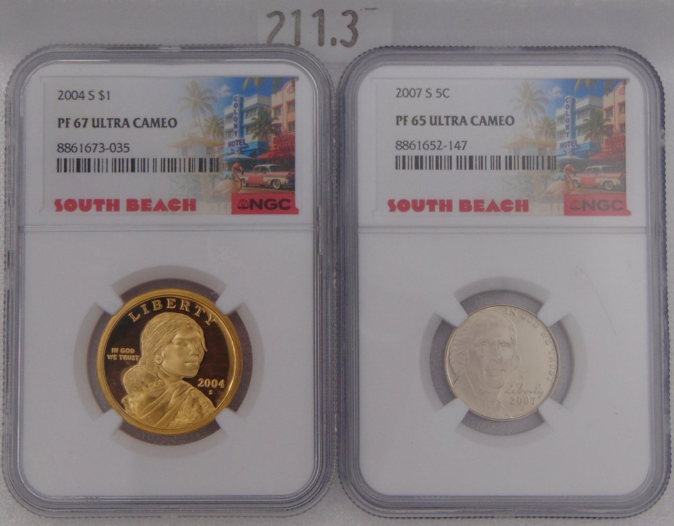 2004-S Sacagawea Dollar. 2007-S Jefferson Nickel.
