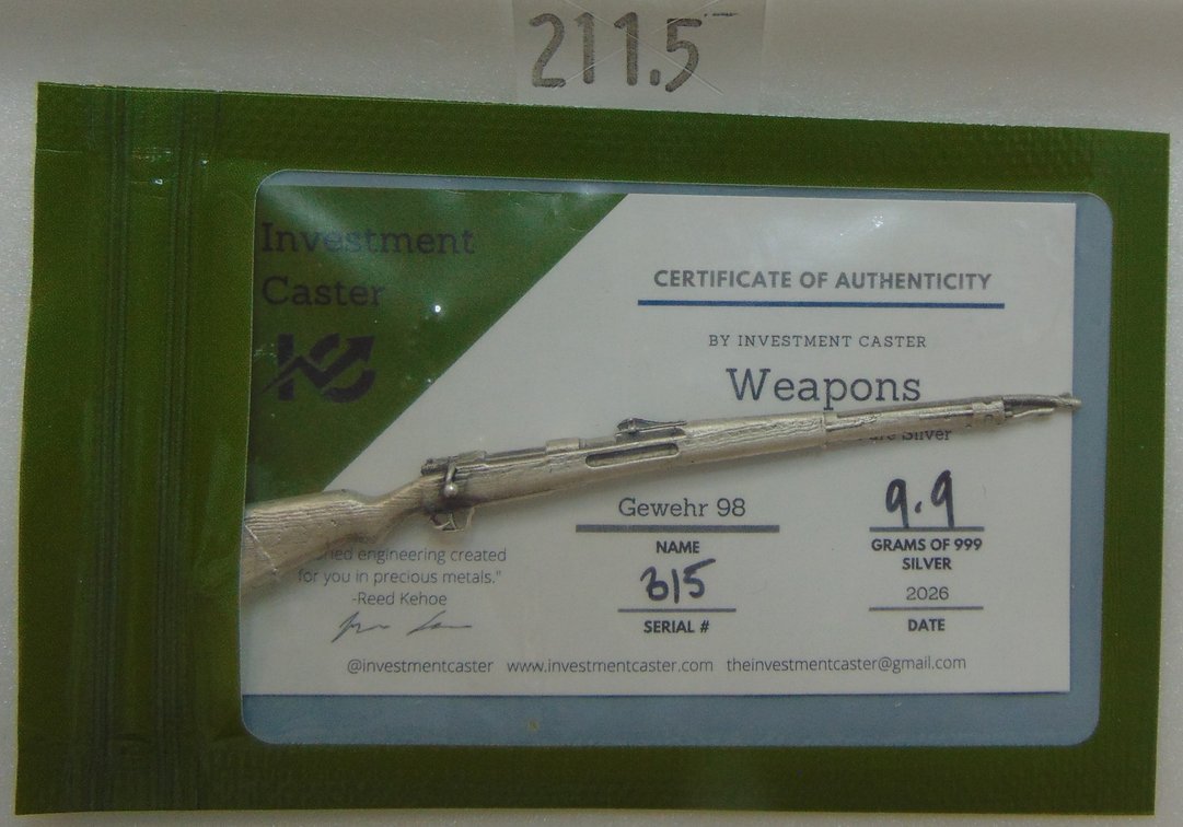 2026 Investment Caster 9.9 Grams .999 Silver Rifle in sealed pack with COA.