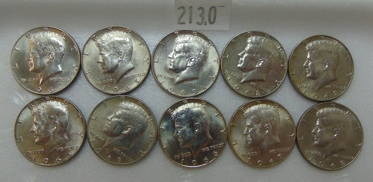 (10) 40% Silver Kennedy Half Dollars: 1965-1968. $10 face value.