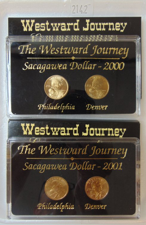 2000, 2001 P, D Sacagawea Dollars Westward Journey Commemoratives in original boxes.