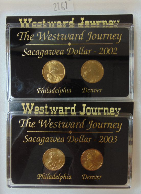 2002, 2003 P, D Sacagawea Dollars Westward Journey Commemoratives in original boxes.