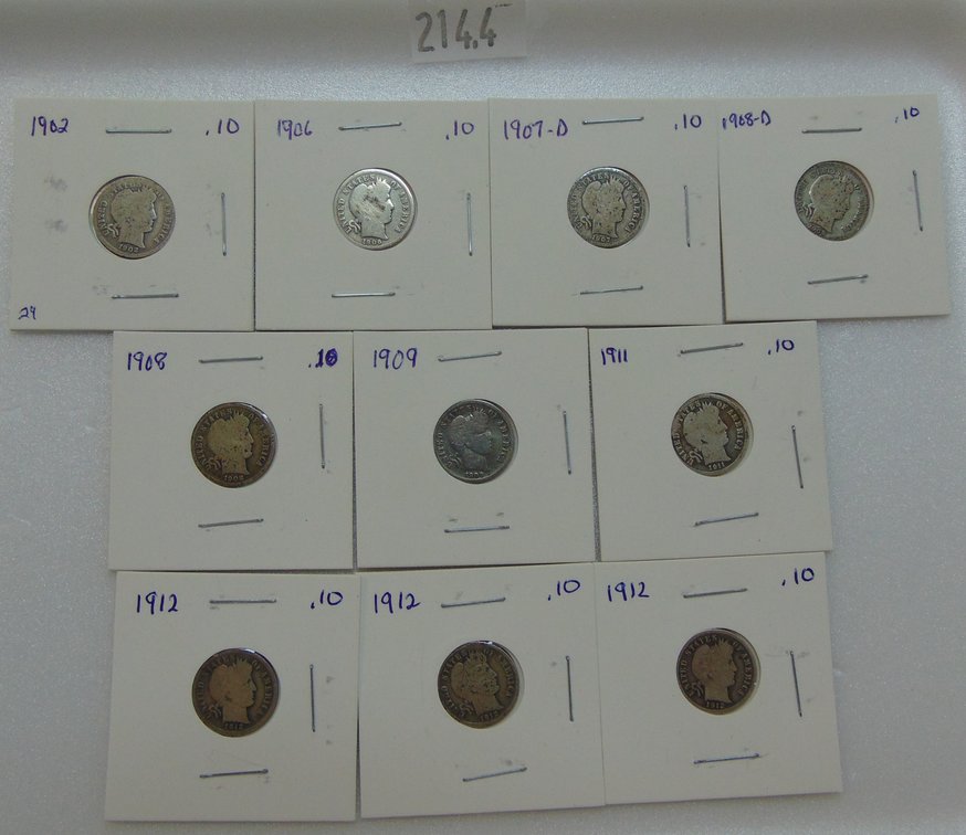 (10) Barber Dimes: 1902, 1906, 1907-D, 1908, 1908-D, 1909, 1911, (3) 1912.