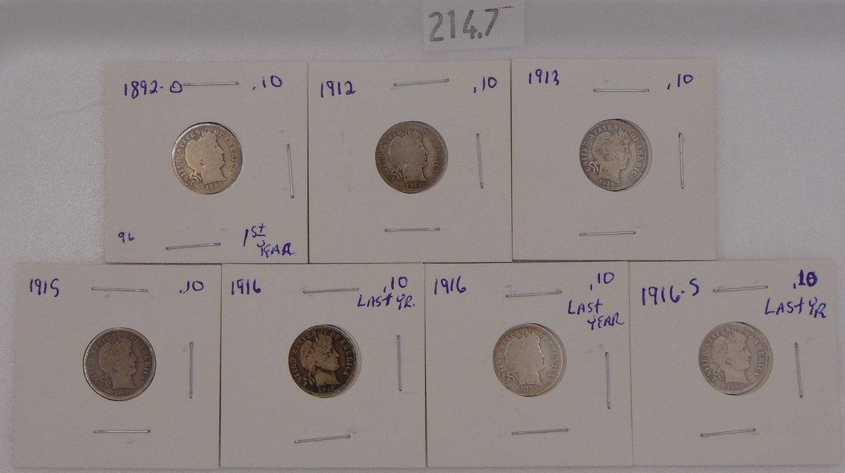 (7) Mercury Dimes: 1892-O, 1912, 1913, 1915, (2) 1916 (last year), 1916-S.