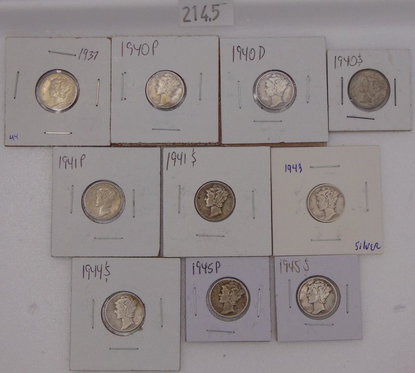 (10) Mercury Dimes: 1937, 1940, 1940-D, 1940-S, 1941, 1941-S, 1943, 1944-S, 1945, 1945-S.
