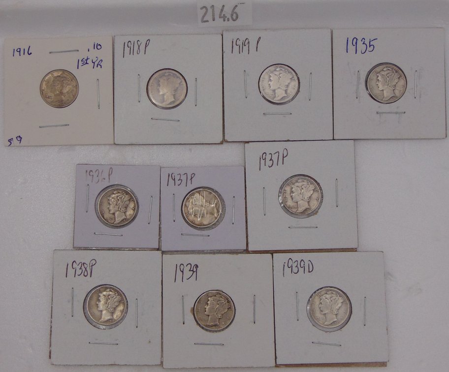 (10) Mercury Dimes: 1916 (first year), 1918, 1919, 1935, 1936, (2) 1937, 1938, 1939, 1939-D.