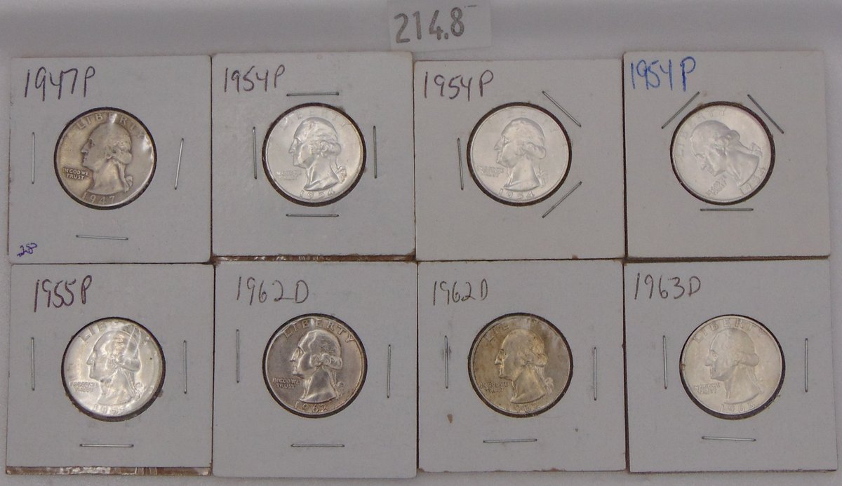 (8) 90% Silver Washinton Quarters: 1947, (3) 1954, 1955, (2) 1962-D, 1963-D.