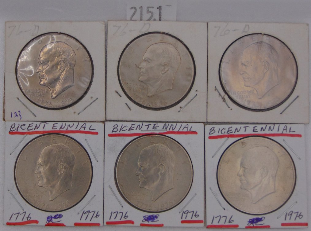 (6) 1776-1976 Bicentennial Eisenhower Dollars: (3) Philadelphia, (3) Denver.