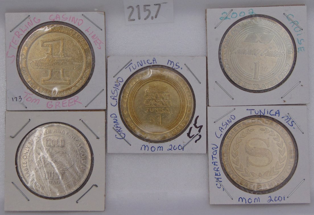 (5) $1.00 Casino Gaming Tokens: Sterling Casino Lines, Celebrity Cruises, Gold Dust Casino, Grand Casino, Sheraton Casino.