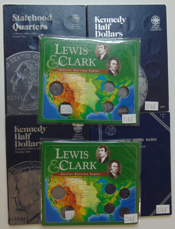 (6) Empty Coin Holders: (4) Whitman Albums. (2) Lewis & Clark Cards.