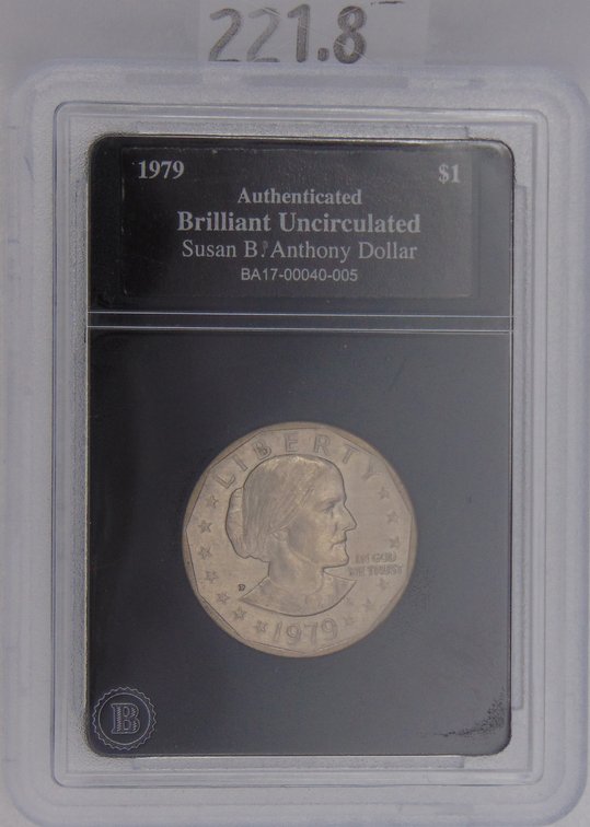 1979-P (wide rim) Susan B. Anthony Brilliant Uncirculated Dollar in slab.
