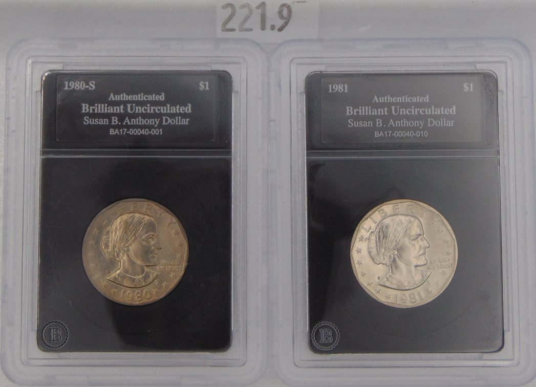 1980-S, 1981-S Susan B. Anthony Brilliant Uncirculated Dollars in slabs.