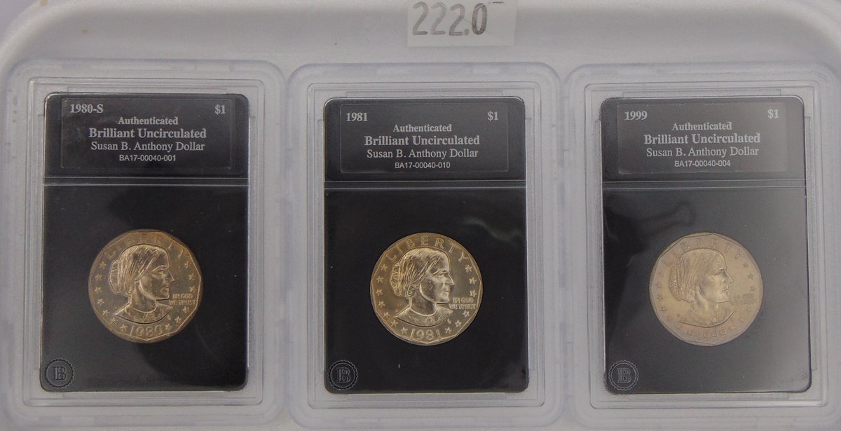 1980-S, 1981-D, 1999-P Susan B. Anthony Brilliant Uncirculated Dollars in slabs.