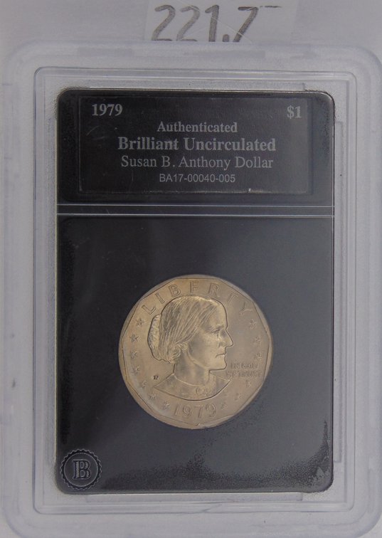 1979-P (wide rim) Susan B. Anthony Brilliant Uncirculated Dollar in slab.
