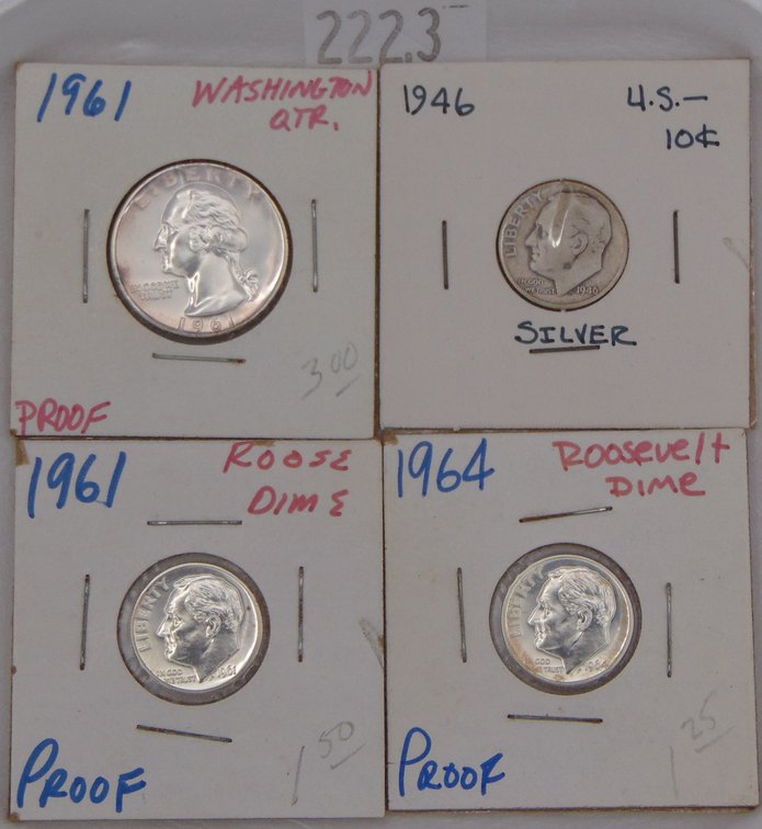 1961 Proof Washington Quarter. 1946, 1961 Proof, 1964 Proof Roosevelt Dimes.