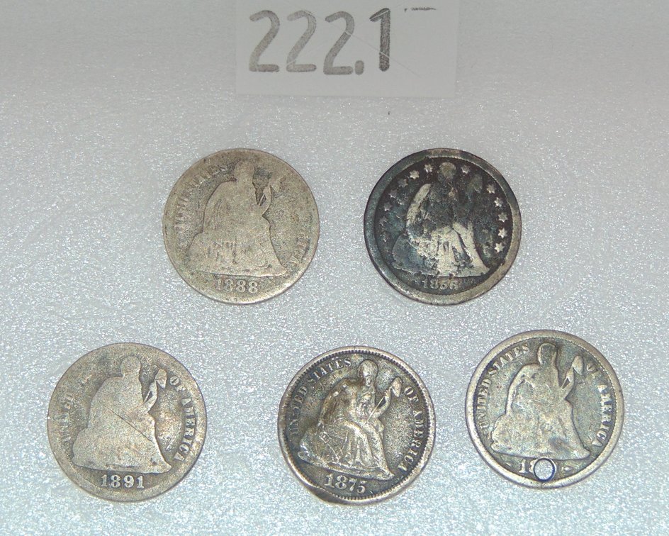 (5) Seated Liberty Dimes: 1856, 1875, 1888, 1891-S, 18??.