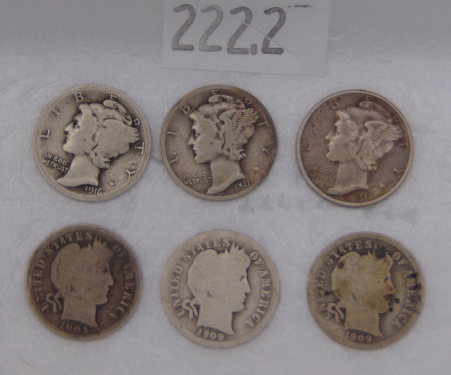 (3) Barber Dimes. (3) Mercury Dimes.