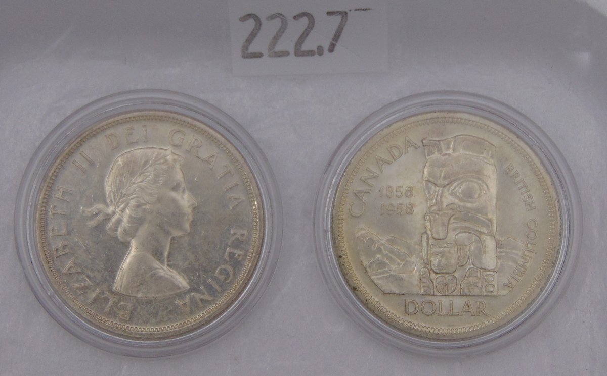 (2) 1958 Canada 1 Dollar - Elizabeth II British Columbia, 23.3 grams of 80% Silver.