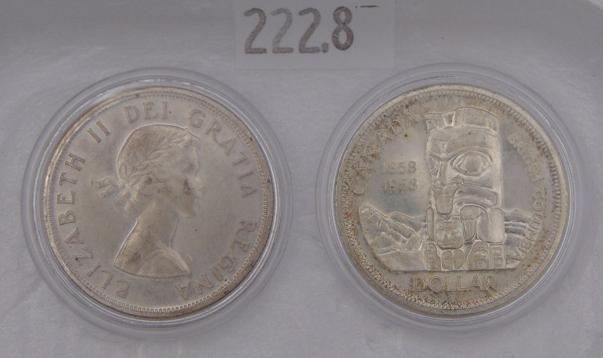 (2) 1958 Canada 1 Dollar - Elizabeth II British Columbia, 23.3 grams of 80% Silver.