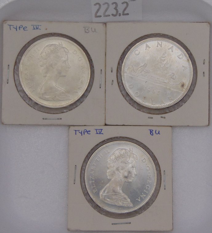 (3) 1965 Canada 1 Dollar - Elizabeth II 2nd portrait, 69 grams total of 80% Silver.
