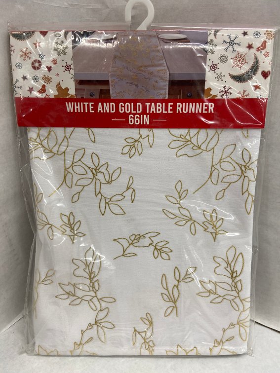 (96x Bid)White & Gold 66" Table Runner