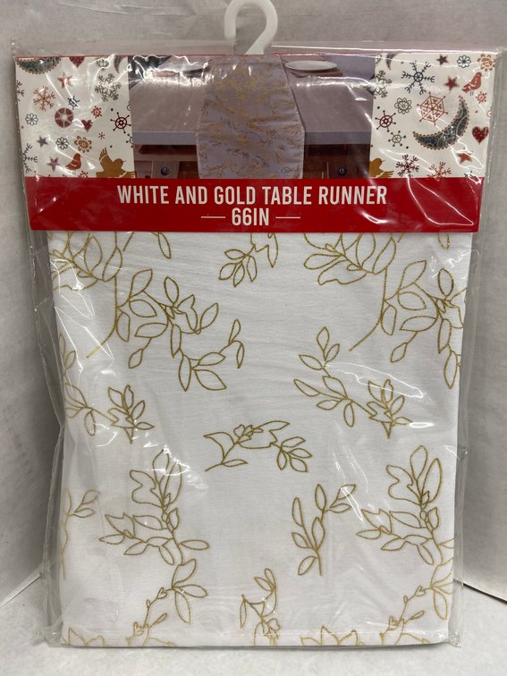 (48x Bid)White & Gold 66" Table Runner