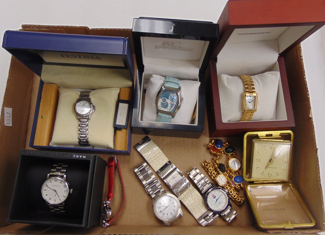 Variety of Fashion Watches and Vintage Westclox Travel Clock.