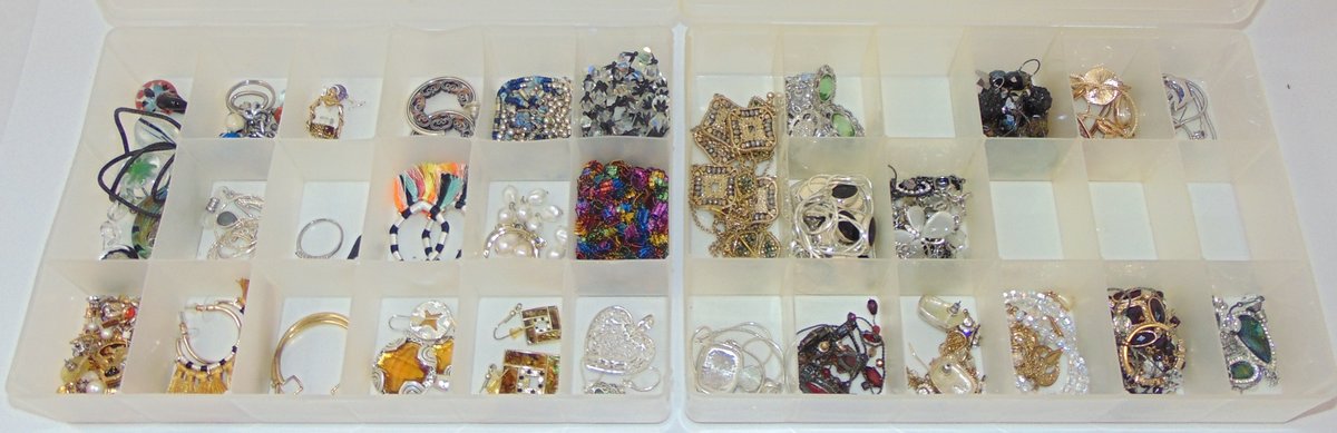 Variety of Costume Jewelry in plastic storage cases (2-cases).
